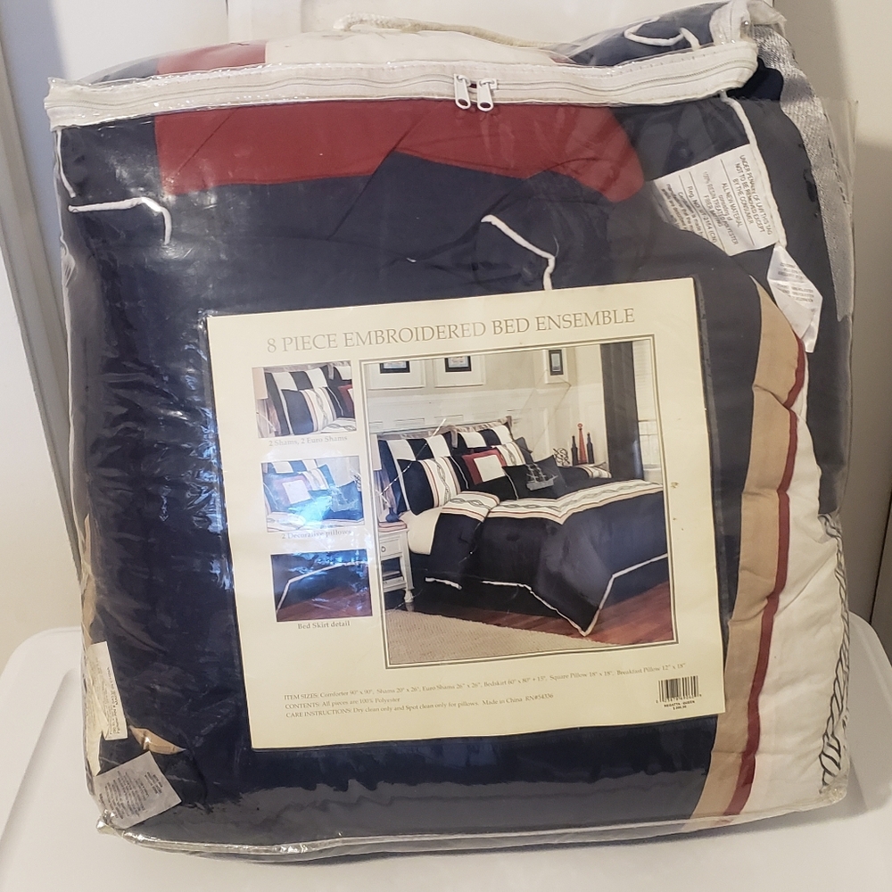 Regatta Embroidered 8-Piece Comforter Set in Navy, Red and Cream